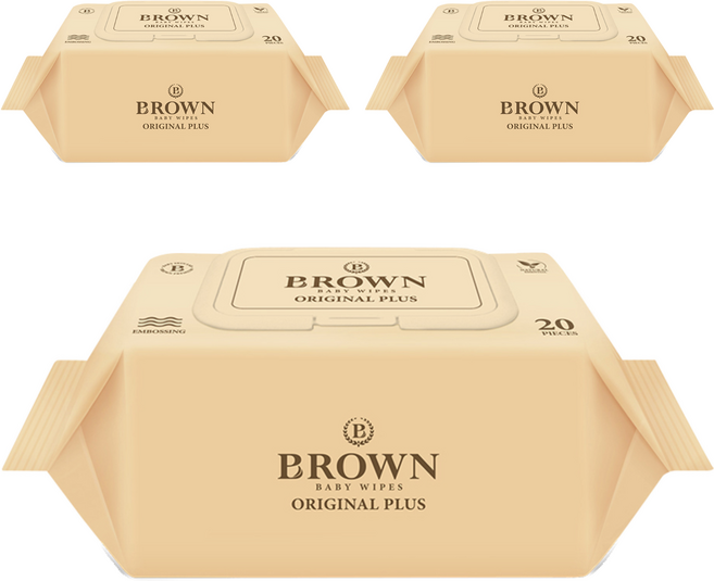 브라운 오리지널 플러스 도톰한 물티슈 엠보싱 저자극 휴대캡형, 55g, 20매, 3개