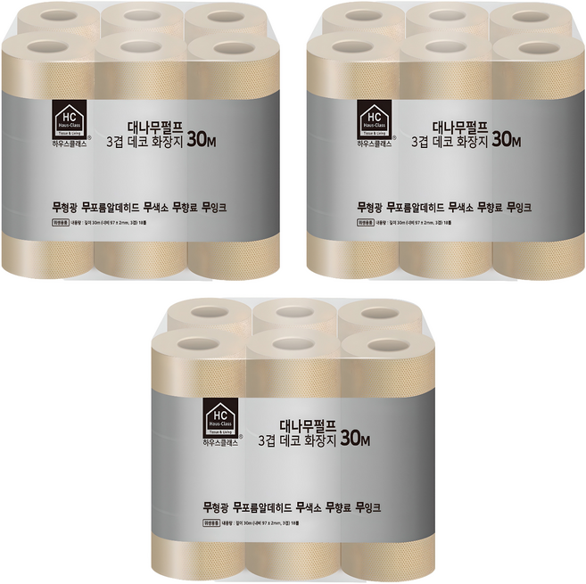 하우스클래스 대나무펄프 3겹 데코 고급 롤화장지, 30m, 18개입, 3개