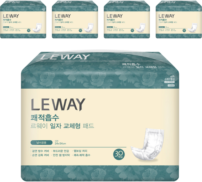 미래생활 남녀공용 르웨이 쾌적흡수 일자 교체형 패드형 성인기저귀, 30개입, 5개