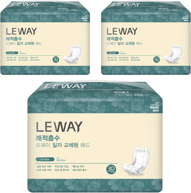 미래생활 남녀공용 르웨이 쾌적흡수 일자 교체형 패드형 성인기저귀, 30개입, 3개