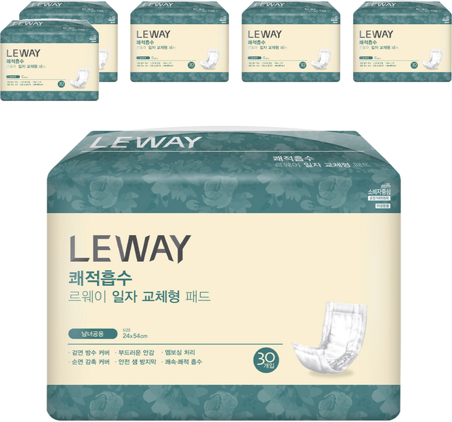 미래생활 남녀공용 르웨이 쾌적흡수 일자 교체형 패드형 성인기저귀, 30개입, 6개