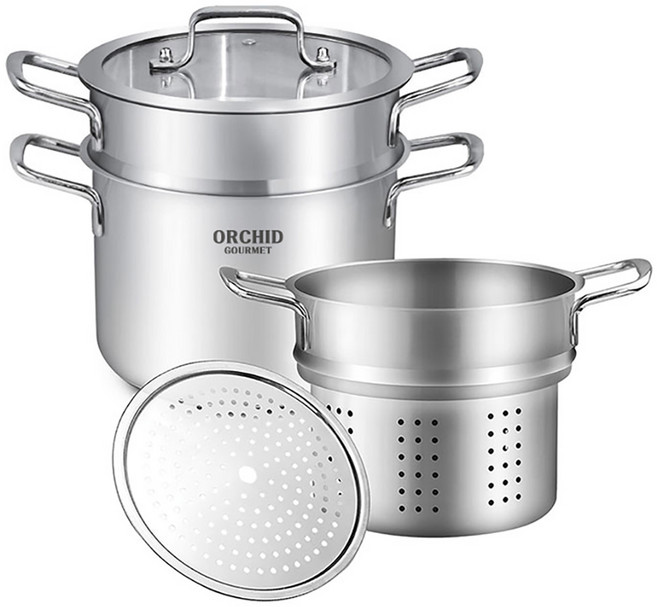 Orchid 電磁爐美食義大利麵多功能鍋具3件組, 銀色, 1套, 雙耳鍋 21cm + 內鍋 + 蒸盤