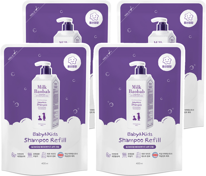 밀크바오밥 베이비 앤 키즈 샴푸 리필 풍선껌향, 400ml, 4개