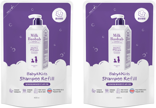 밀크바오밥 베이비 앤 키즈 샴푸 리필 풍선껌향, 400ml, 2개
