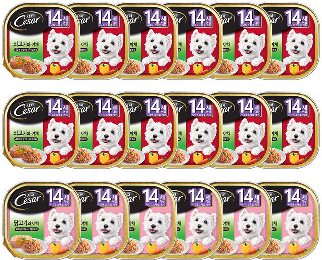 시저 14세 이상 시니어 강아지 버라이어티팩 주식캔 쇠고기 12p + 닭고기 6p, 혼합맛, 100g, 18개