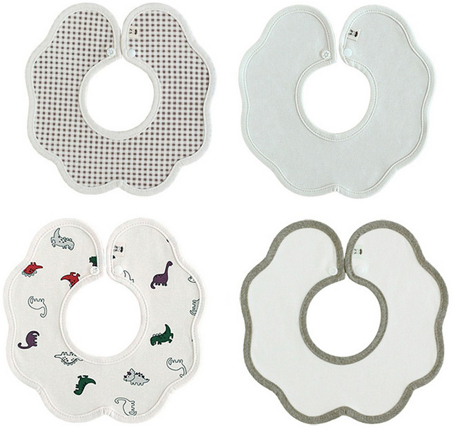 Banny Blossom 嬰幼兒滾邊棕色恐龍圍兜4件組, 4件, 1組, 可可格紋 + 米色 + 恐龍 + 棕色米色