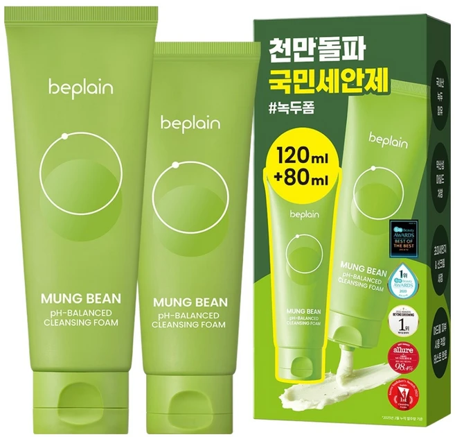 비플레인 녹두 약산성 클렌징폼 120ml + 80ml 기획세트, 1세트 - 쿠팡