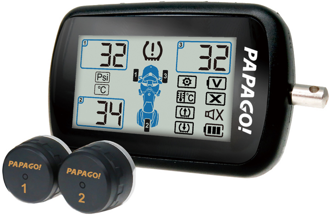 PAPAGO Tire Safe M10E 胎壓偵測器組 機車用 偵測器IPX7防水等級 顯示器IPX3防水等級, 1組, 黑色