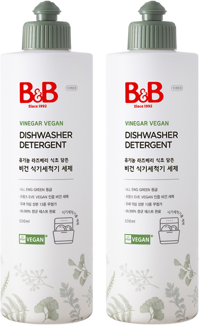 비앤비 비건 식기세척기 세제 용기형, 500ml, 2개