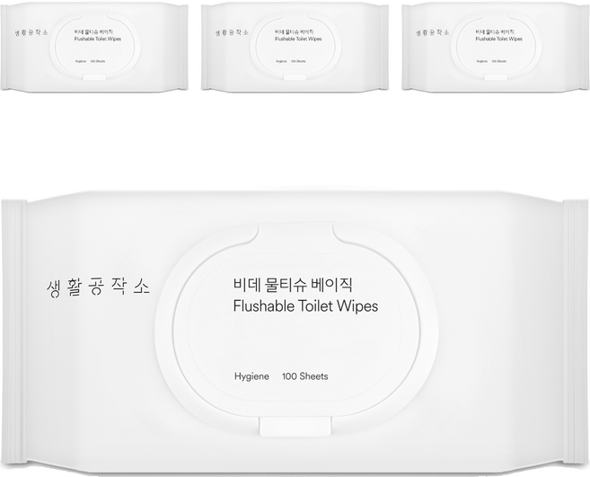 생활공작소 베이직 비데 물티슈 캡형, 100매, 4개