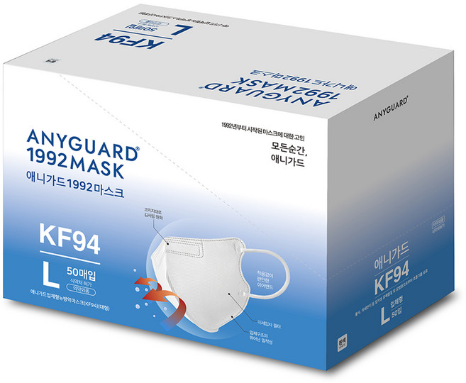 애니가드 나컬러 입체형 방역마스크 대형 KF94, 50개입, 1개, 화이트