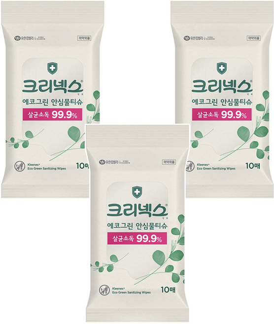 크리넥스 에코그린 안심물티슈 휴대형, 10매입, 3개, 5.96g