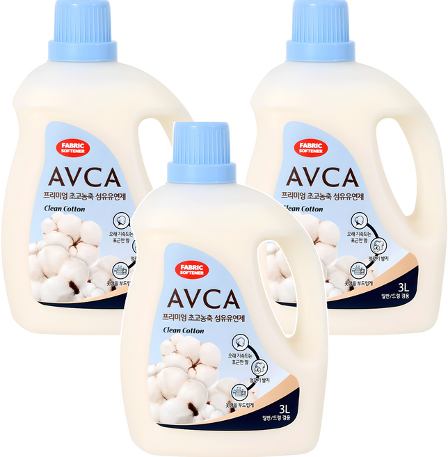 아브카 프리미엄 초고농축 섬유유연제 클린코튼향 본품, 3L, 3개