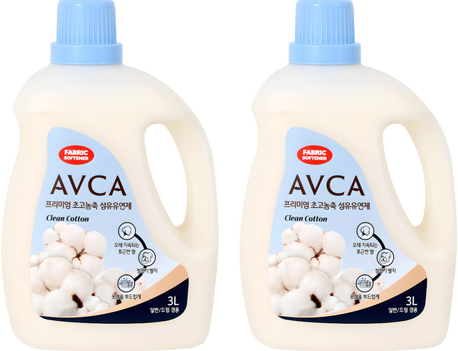 아브카 프리미엄 초고농축 섬유유연제 클린코튼향 본품, 3L, 2개