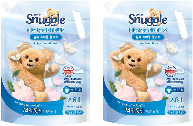 스너글 섬유유연제 블루스파클 플러스 리필, 2.6L, 2개