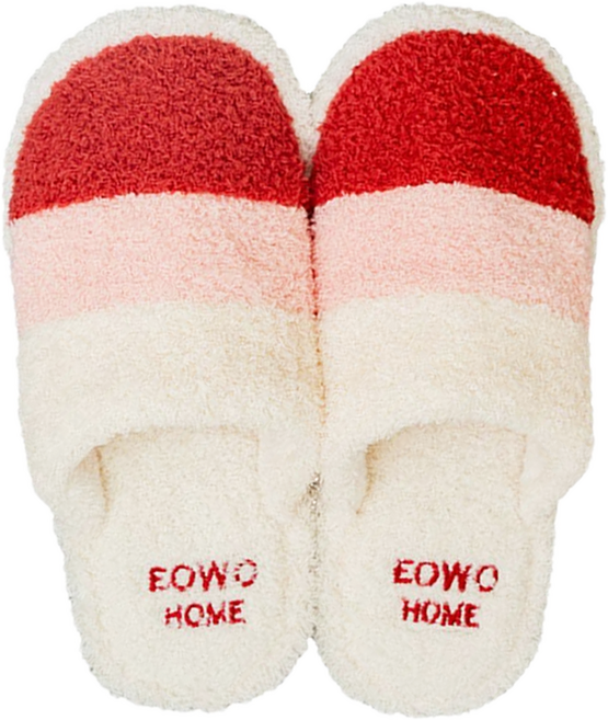 EOWO HOME 毛絨條紋拼色包頭保暖防滑室內拖鞋, 40~41, 紅色, 1雙