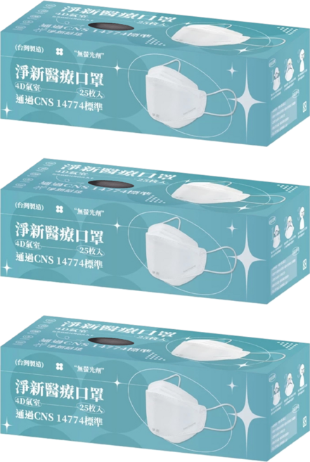 淨新科技 4D成人立體細耳醫療口罩, 灰色, 25片, 3盒