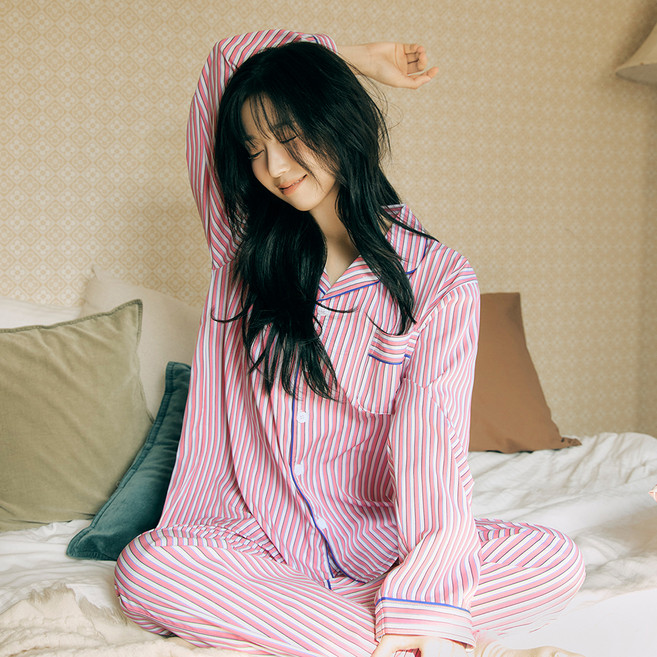 도씨 실크핏 피오니 긴팔 카라 잠옷 상하의 세트 D-3705