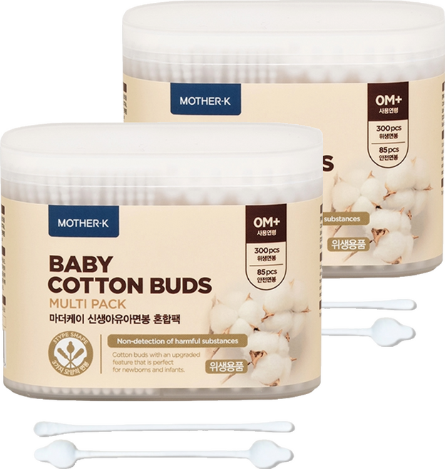마더케이 신생아유아면봉 혼합팩 위생면봉 300p + 안전면봉 85p 세트, 2세트