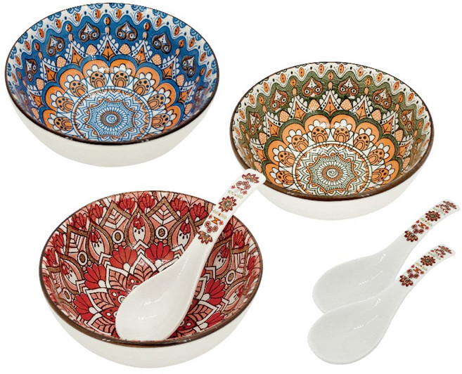 松村窯 波西米亞3碗3匙 6p, 多色, 3個碗 + 3個湯匙, 1組