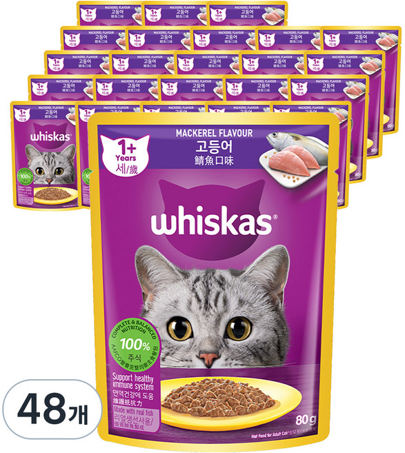 위스카스 어덜트 고양이 습식사료, 고등어, 80g, 48개