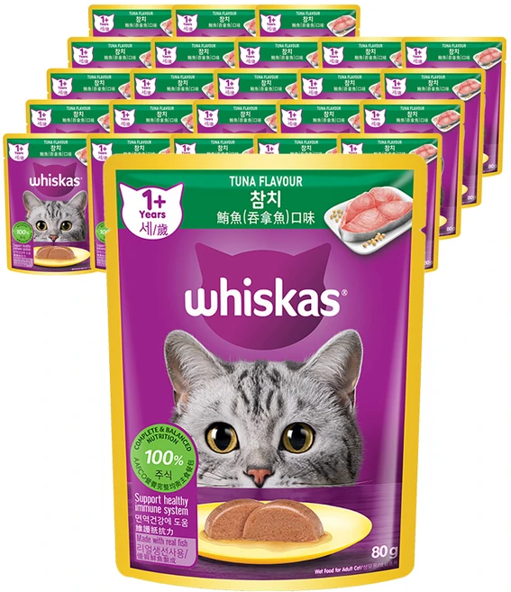 위스카스 어덜트 고양이 습식사료, 참치, 80g, 24개 - 쿠팡