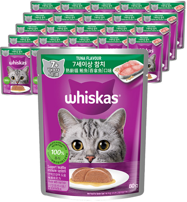 위스카스 시니어 고양이 주식 파우치, 참치, 80g, 24개