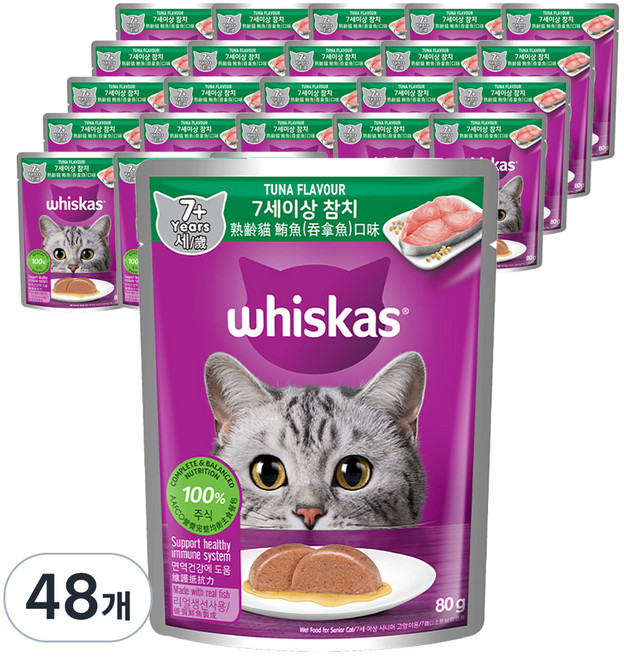 위스카스 시니어 고양이 주식 파우치, 참치, 80g, 48개
