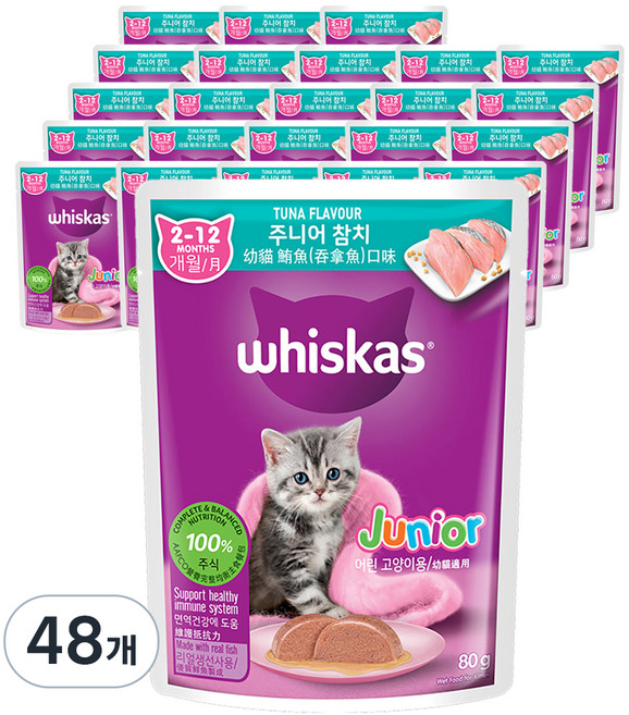 위스카스 고양이 주식 파우치 주니어 참치, 생선, 80g, 48개