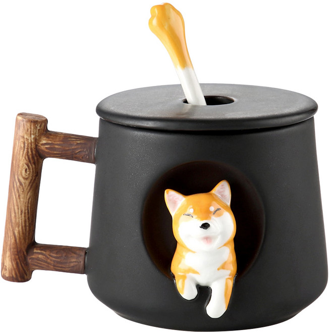 可愛柴犬馬克杯 附攪拌棒 柴犬頭, 黑色, 1個