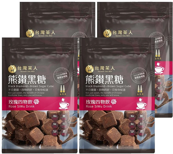 台灣茶人 熊鑽黑糖磚 玫瑰四物飲 獨立包裝 方便攜帶, 136g, 4袋, 1袋