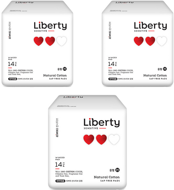 리버티오가네이처 샙프리 순면커버 센시티브 생리대 날개형, 중형, 14개입, 3개