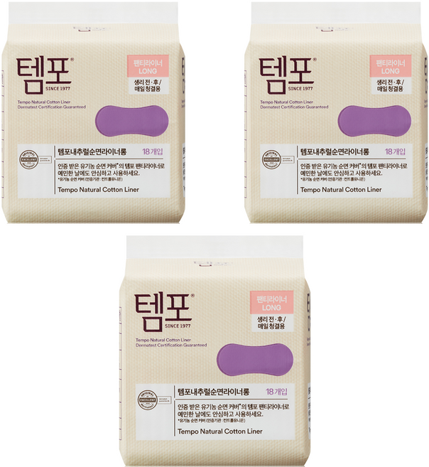 템포 내추럴 순면 팬티라이너, 롱, 18개입, 3개