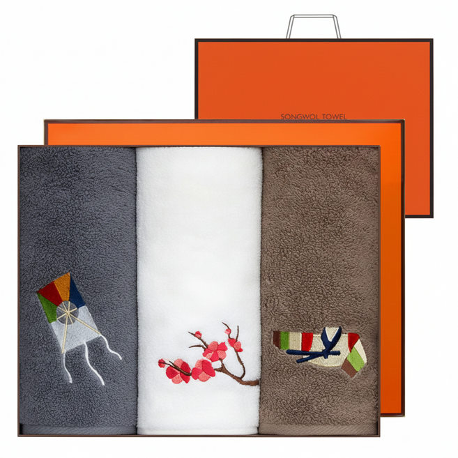 Songwol 松月 雅緻刺繡毛巾 3入禮盒組 150克 棉紗 + 購物袋, 1組, 象牙白+深灰+深咖
