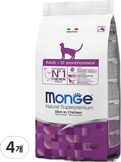 몬지 어덜트 고양이 내추럴 슈퍼프리미엄 사료, 1.5kg, 4개, 닭