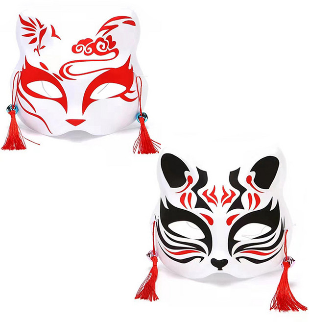 만들하비 일본 여우 고양이 코스프레 코스튬 파티 마스크 가면, 05 레드블랙, 2개