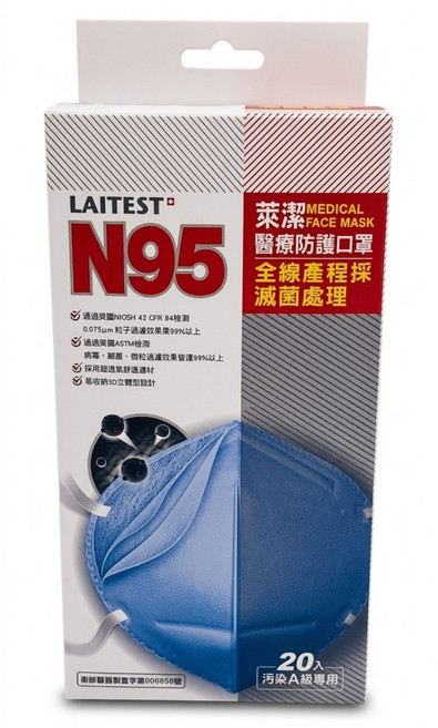 LAITEST 萊潔 N95醫療防護口罩, 海洋藍, 20片, 1盒