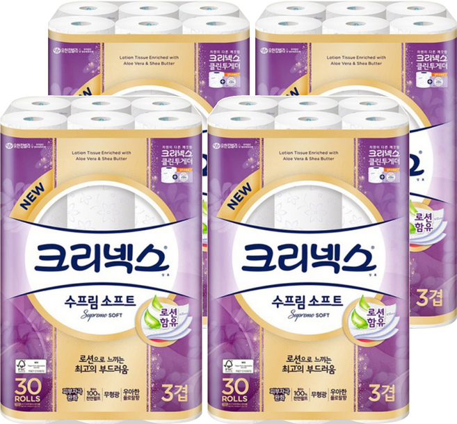 Kleenex Supreme Soft 頂級柔軟天然紙漿3層衛生紙, 27m, 30捲, 4袋