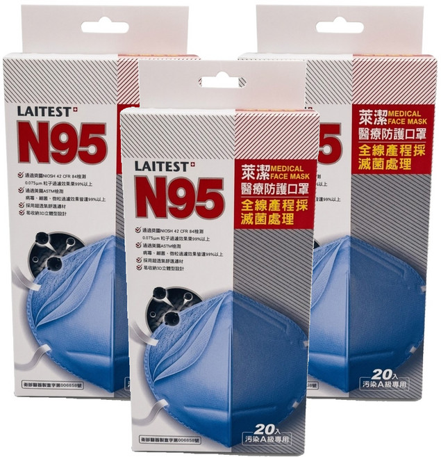 LAITEST 萊潔 N95醫療防護口罩, 海洋藍, 20片, 3盒
