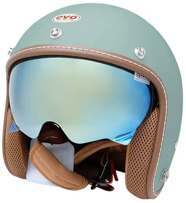 EVO 艾莉莎涼感系 內鏡復古騎士安全帽 附冰絲面罩, 松露綠