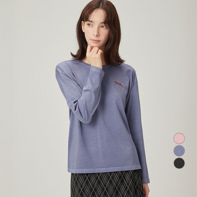 ELLE PARIS 여성용 릴렉스드핏 피그먼트 다잉 긴팔 그래픽 코튼 티셔츠