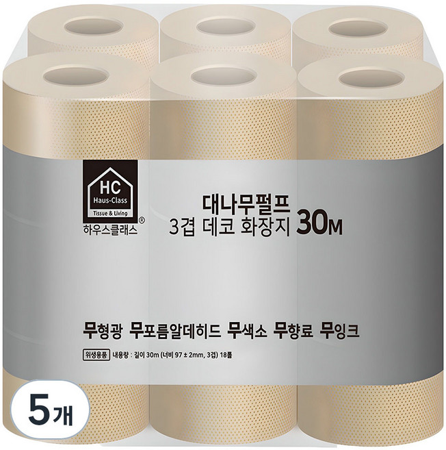 하우스클래스 대나무펄프 3겹 데코 고급 롤화장지, 30m, 18개입, 5개