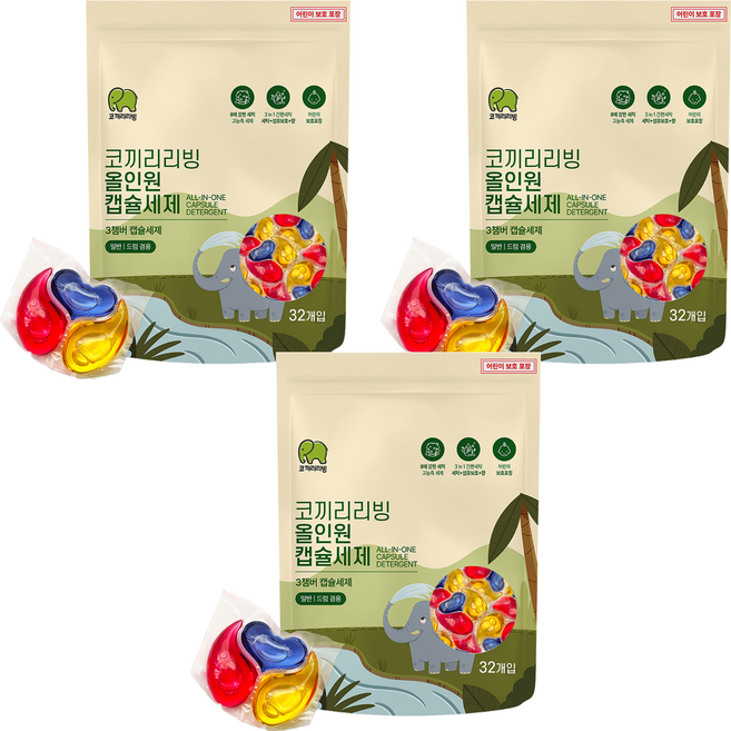 코끼리리빙 올인원 캡슐세제 장미향, 3개, 32개입