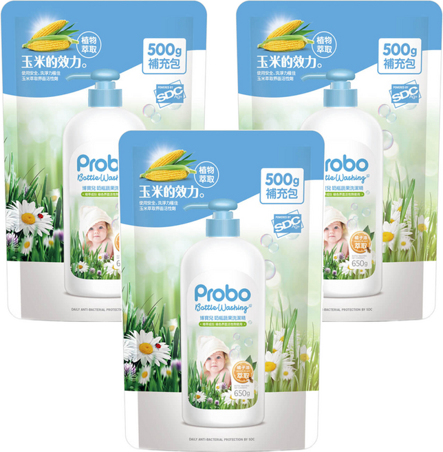 Probo 博寶兒 奶瓶蔬果洗潔精 補充包, 500g, 3包