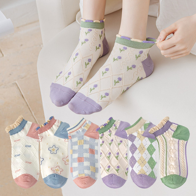 워더미 여성용 봄여름 파스텔 컬러 체크 발목 프릴 단목 양말 W541