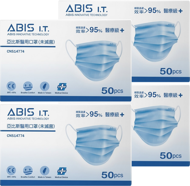 ABIS醫用平面口罩 大童, 4盒, 精靈藍, 50片