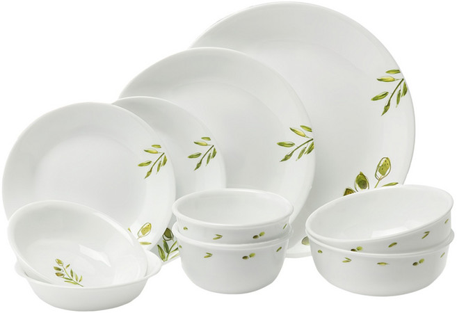 Corelle Brands 康寧餐具 橄欖印花2人份碗盤10入組, 飯碗2個 + 湯碗2個 + 小菜碟2個 +小圓盤2個 +中圓盤1個 + 大圓盤1個, 橄欖印花 白色, 1組