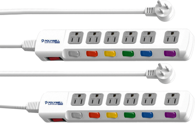 POLYWELL 寶利威爾 電源插座延長線7切6座 12尺, 3.6m, 白色, 2個