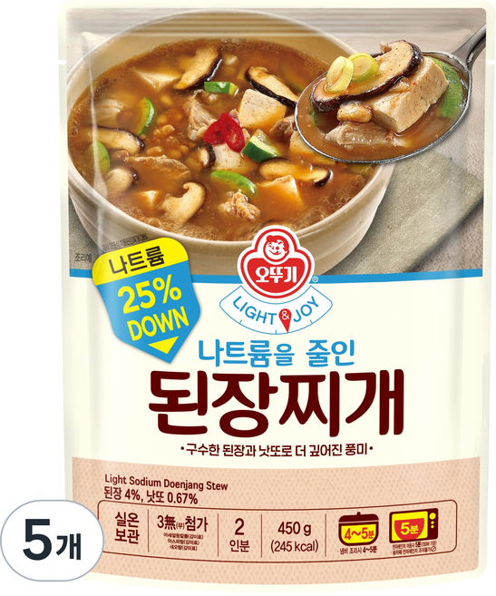 오뚜기 LIGHT&JOY 나트륨을줄인 된장찌개, 5개, 450g