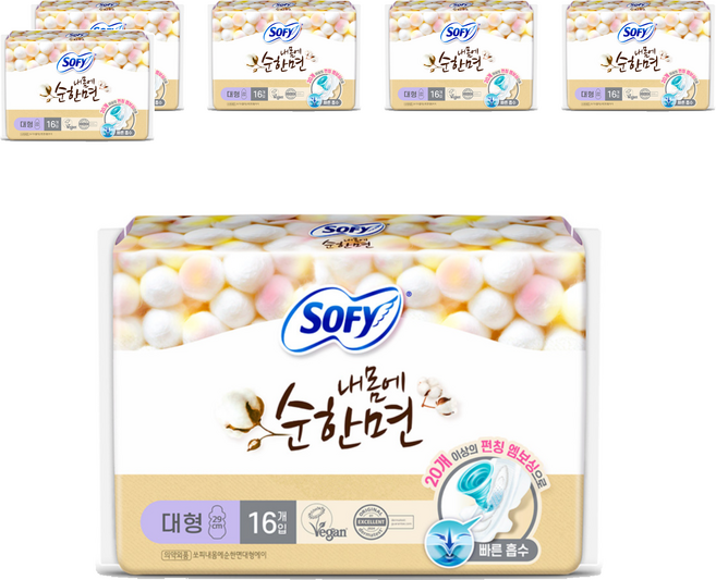 쏘피 내몸에 순한면 에이 생리대 날개형, 대형, 16개입, 6개